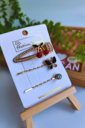 Kiraz Figürlü Kristal Taşlı Metal Pens Yan Toka 2'li Paket