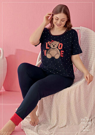 Büyük Beden Pamuklu Love Bear Ayıcık Desenli Lacivert Kısa Kol Pijama Takımı