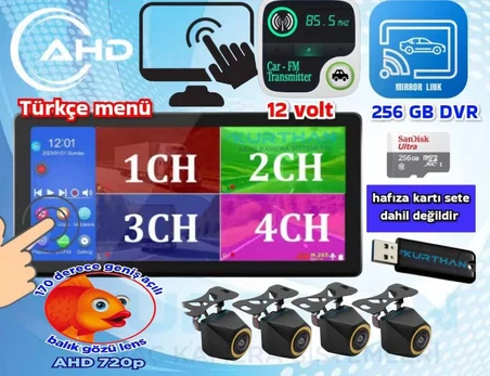 BALIK GÖZÜ 4 ADET AHD 720P  170'' KAMERA VE DOKUNMATİK 10.36'' VİDEO MÜZİK DVR EKRAN  12 V 256 GB