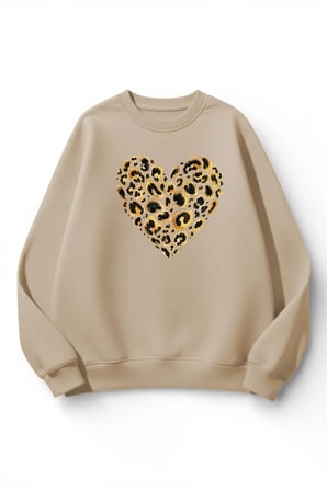 Unisex Yumuşak Dokulu Leopar Kalp Baskılı Tasarım Oversize 3 İplik Bisiklet Yaka Sweatshirt