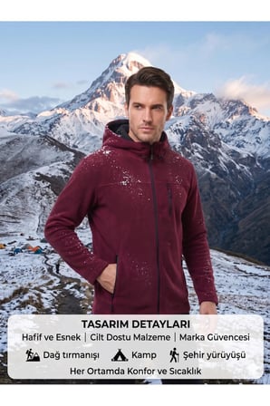 erkek Kapüşonlu bordo Polar 3 Cepli Fermuarlı Sıcak Tutan Kışlık Outdoor Hoodie Günlük StilPro