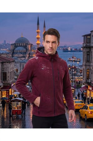 erkek Kapüşonlu bordo Polar 3 Cepli Fermuarlı Sıcak Tutan Kışlık Outdoor Hoodie Günlük StilPro