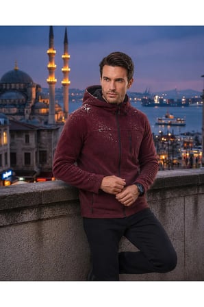 erkek Kapüşonlu bordo Polar 3 Cepli Fermuarlı Sıcak Tutan Kışlık Outdoor Hoodie Günlük StilPro