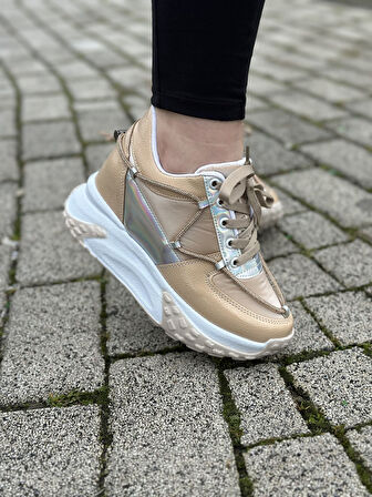 Günlük Kadın Sneaker Rugan Spor Ayakkabı Yüksek Kalın Topuklu Bağcıklı Taş Detaylı Hafif Rahat 1038