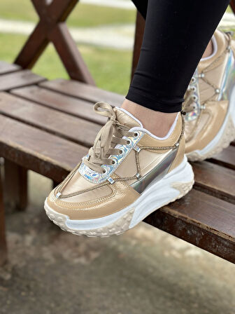 Günlük Kadın Sneaker Rugan Spor Ayakkabı Yüksek Kalın Topuklu Bağcıklı Taş Detaylı Hafif Rahat 1038