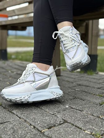 Günlük Kadın Sneaker Rugan Spor Ayakkabı Yüksek Kalın Topuklu Bağcıklı Taş Detaylı Hafif Rahat 1038