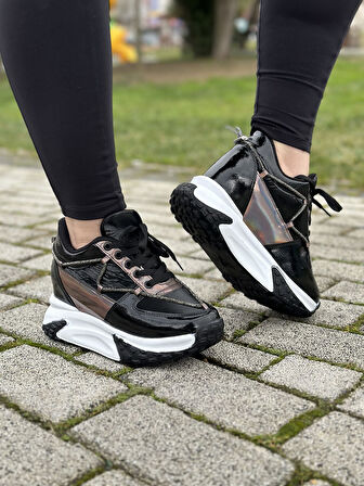 Günlük Kadın Sneaker Rugan Spor Ayakkabı Yüksek Kalın Topuklu Bağcıklı Taş Detaylı Hafif Rahat 1038