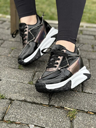 Günlük Kadın Sneaker Rugan Spor Ayakkabı Yüksek Kalın Topuklu Bağcıklı Taş Detaylı Hafif Rahat 1038