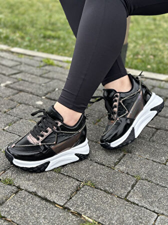 Günlük Kadın Sneaker Rugan Spor Ayakkabı Yüksek Kalın Topuklu Bağcıklı Taş Detaylı Hafif Rahat 1038