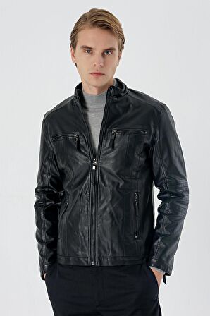 Dik Yaka Astarlı Slim Fit Dar Kesim Casual Deri Mont 1038235151 Siyah