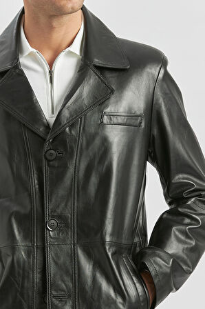 Siyah Hakiki Deri Kırlangıç Yaka Astarlı Slim Fit Dar Kesim Casual Deri Mont 1038235152