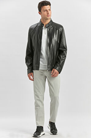 Siyah Hakiki Deri Dik Yaka Astarlı Slim Fit Dar Kesim Casual Deri Mont 1038235153