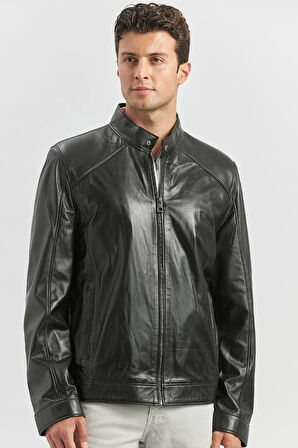 Siyah Hakiki Deri Dik Yaka Astarlı Slim Fit Dar Kesim Casual Deri Mont 1038235153