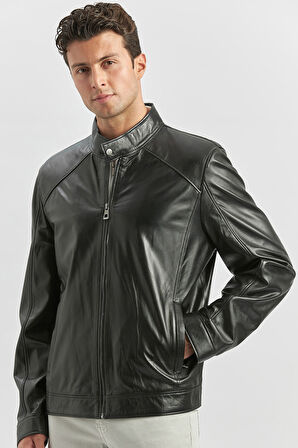 Siyah Hakiki Deri Dik Yaka Astarlı Slim Fit Dar Kesim Casual Deri Mont 1038235153