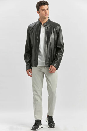 Siyah Hakiki Deri Dik Yaka Astarlı Slim Fit Dar Kesim Casual Deri Mont 1038235153