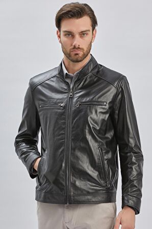 Siyah Hakiki Deri Dik Yaka Astarlı Slim Fit Dar Kesim Casual Deri Mont 1038235155