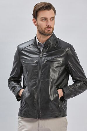 Siyah Hakiki Deri Dik Yaka Astarlı Slim Fit Dar Kesim Casual Deri Mont 1038235155