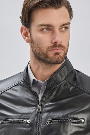 Siyah Hakiki Deri Dik Yaka Astarlı Slim Fit Dar Kesim Casual Deri Mont 1038235155