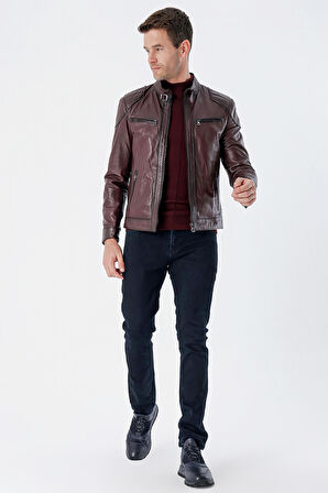 Gömlek Yaka Hakiki Deri Slim Fit Dar Kesim Casual Mont 1038235201 Bordo