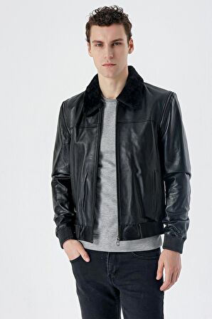 Siyah Gömlek Yaka Hakiki Deri Comfort Fit Rahat Kesim Casual Mont 1038235208