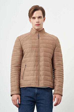 Sütlü Kahverengi Suni Deri Hakim Yaka Düz Yırtmaçsız Tam Astar Slim Fit Casual Deri Mont 1038245150