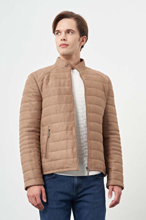 Sütlü Kahverengi Suni Deri Hakim Yaka Düz Yırtmaçsız Tam Astar Slim Fit Casual Deri Mont 1038245150