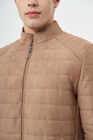 Sütlü Kahverengi Suni Deri Hakim Yaka Düz Yırtmaçsız Tam Astar Slim Fit Casual Deri Mont 1038245150