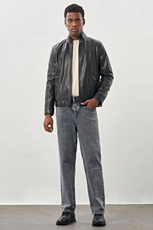 Siyah Suni Deri Hakim Yaka Düz Yırtmaçsız Tam Astar Slim Fit Casual Deri Mont 1038245151