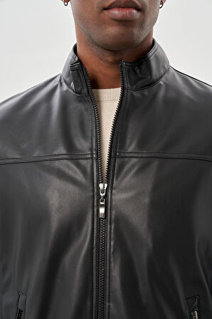 Siyah Suni Deri Hakim Yaka Düz Yırtmaçsız Tam Astar Slim Fit Casual Deri Mont 1038245151