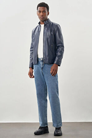 Koyu Lacivert Suni Deri Hakim Yaka Düz Yırtmaçsız Tam Astar Slim Fit Casual Deri Mont 1038245151