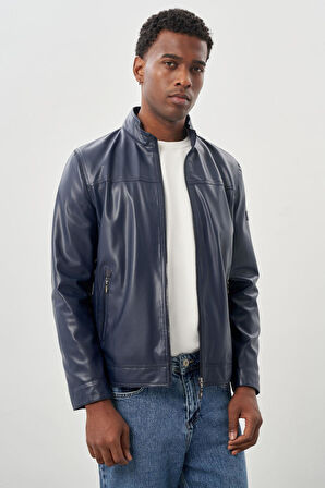 Koyu Lacivert Suni Deri Hakim Yaka Düz Yırtmaçsız Tam Astar Slim Fit Casual Deri Mont 1038245151