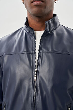 Koyu Lacivert Suni Deri Hakim Yaka Düz Yırtmaçsız Tam Astar Slim Fit Casual Deri Mont 1038245151