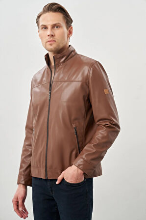 Koyu Kahverengi Suni Deri Hakim Yaka Düz Yırtmaçsız Tam Astar Slim Fit Casual Deri Mont 1038245151
