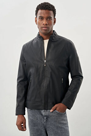 Siyah Suni Deri Hakim Yaka Düz Yırtmaçsız Tam Astar Slim Fit Casual Deri Mont 1038245152