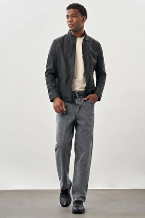 Siyah Suni Deri Hakim Yaka Düz Yırtmaçsız Tam Astar Slim Fit Casual Deri Mont 1038245152