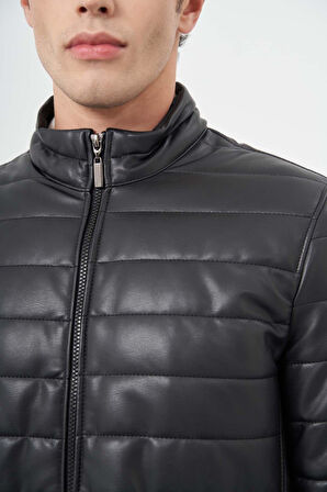 Siyah Suni Deri Hakim Yaka Düz Yırtmaçsız Tam Astar Slim Fit Casual Deri Mont 1038245153