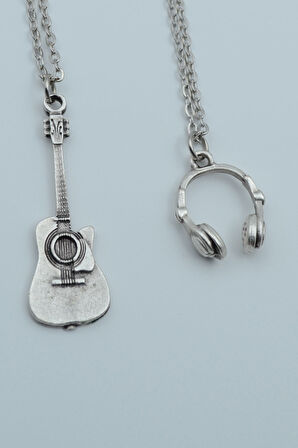 2'li Klasik Akustik Gitar Kulaklık Gümüş Kaplama Kolye Seti