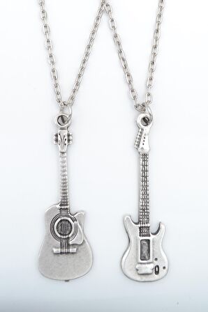 2'li Elektro Gitar - Akustik Gitar Erkek Kadın Kolye Seti 925 Ayar Gümüş Kaplama