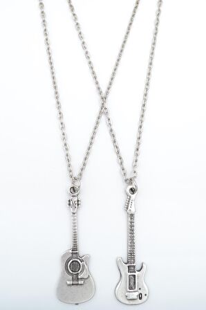 2'li Elektro Gitar - Akustik Gitar Erkek Kadın Kolye Seti 925 Ayar Gümüş Kaplama