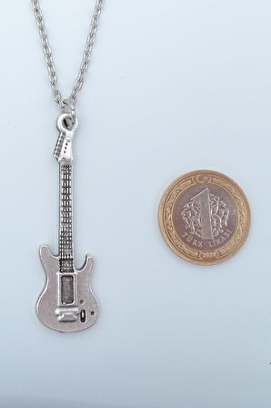 2'li Elektro Gitar - Akustik Gitar Erkek Kadın Kolye Seti 925 Ayar Gümüş Kaplama
