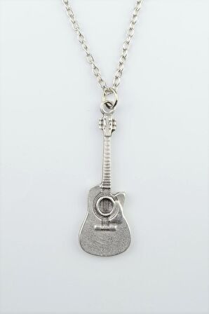 Akustik Klasik Gitar Erkek Kadın Kolye Antik Gümüş Kaplama - 60 cm Düz Zincir