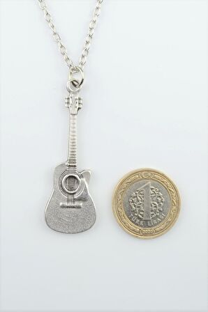Akustik Klasik Gitar Erkek Kadın Kolye Antik Gümüş Kaplama - 60 cm Düz Zincir