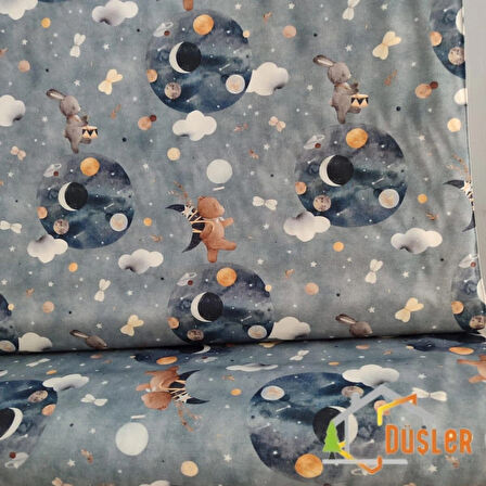 Uzayda Ayıcık Desenli, Çocuk ve Bebek İçin, Su ve Leke İtici Panama Keteni Küçükçalık Premier Duck Kumaş Bezi 100x180