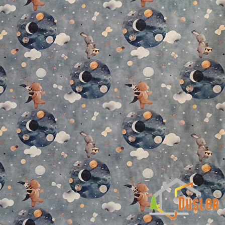 Uzayda Ayıcık Desenli, Çocuk ve Bebek İçin, Su ve Leke İtici Panama Keteni Küçükçalık Premier Duck Kumaş Bezi 100x180