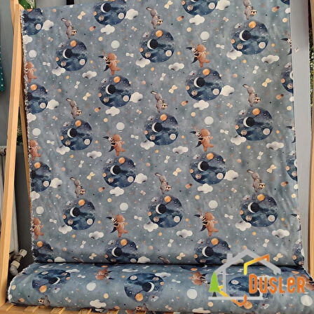 Uzayda Ayıcık Desenli, Çocuk ve Bebek İçin, Su ve Leke İtici Panama Keteni Küçükçalık Premier Duck Kumaş Bezi 100x180