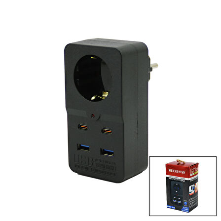 TERMAL AKIM KORUMALI  1XPRİZ 2X USB 2X TYPE-C DUVAR TİPİ PRİZ SİYAH 10A - 2500W  GO50601308360