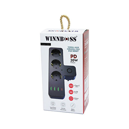 SİYAH TERMAL AKIM KORUMALI  3XPRİZ 3XUSB (1XTYPE-C DUVAR TİPİ PRİZ  GO5060Gok101138