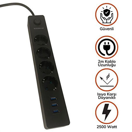 Termak Akım Korumalı 4 Priz 3 USB Girişli Uzatma Kablosu Güç ve Şarj SİYAH RENK GÖNDERİLİR  GO50604765350