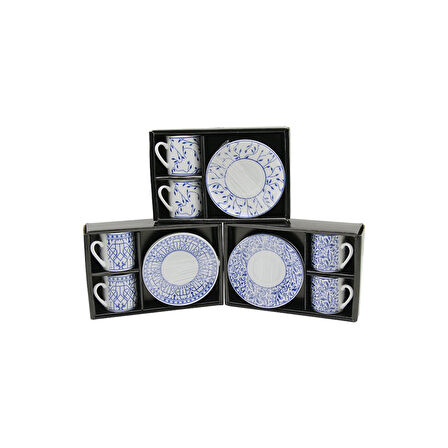 MAVİ - BEYAZ 4PCS=2-TAKIM  PORSELEN KAHVE FİNCANI  ÇİÇEK - ÇİZGİ - NOKTA MİX DESEN (5060)