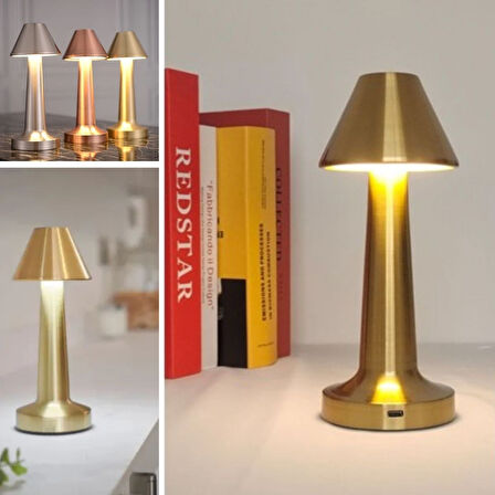Çatı Model Gold Renk Şarjlı Dokunmatik 3 Renkli LED Masa Lambası (5060)